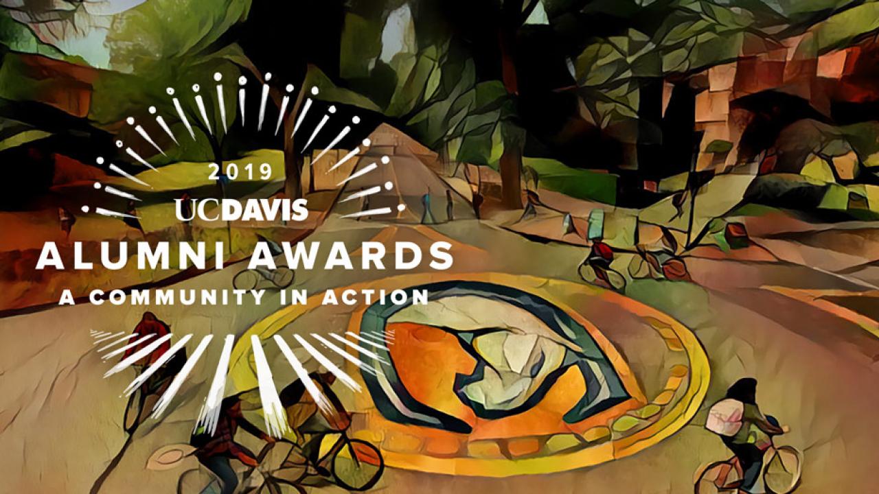 Alumni Awards Logo over illustration of UC Davis Bike Circle