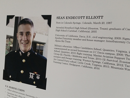 A sign that describes Captain Sean Elliot at the UC Davis Memorial Day Ceremony