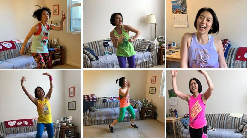 Six pictures of Dr. Noriko Satake doing Zumba