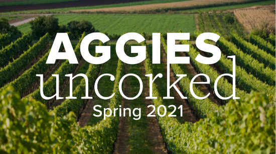 Aggies Uncorked logo with vineyards in the background