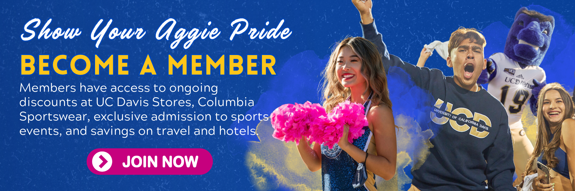 UC Davis Aggies membership banner with cheerleader, two athletes, and Membership Join Now button
