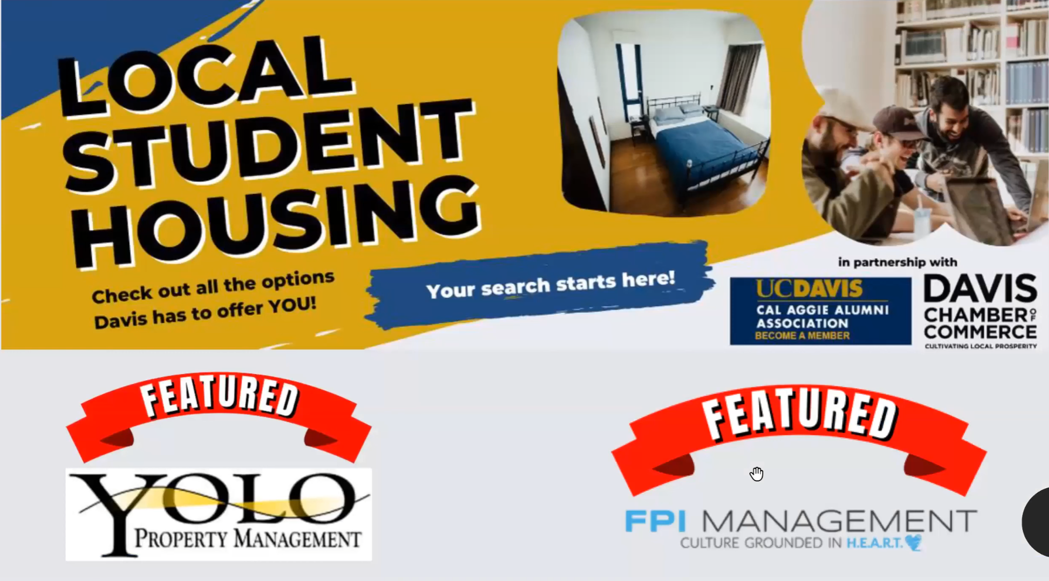 Information slide promoting "Local Student Housing" companies with logos for Yolo Property Management and FPI Management.