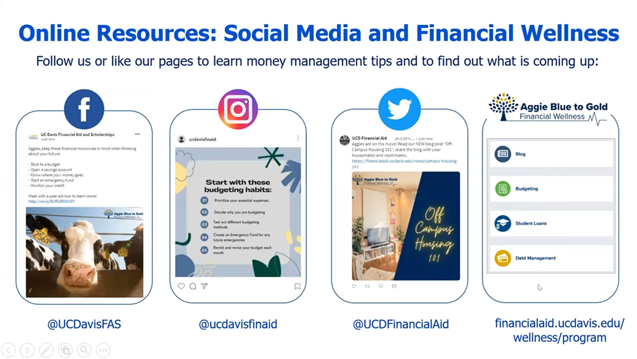 Screen shot of presentation slide from Paying for College video showing different social media platforms for financial wellness.