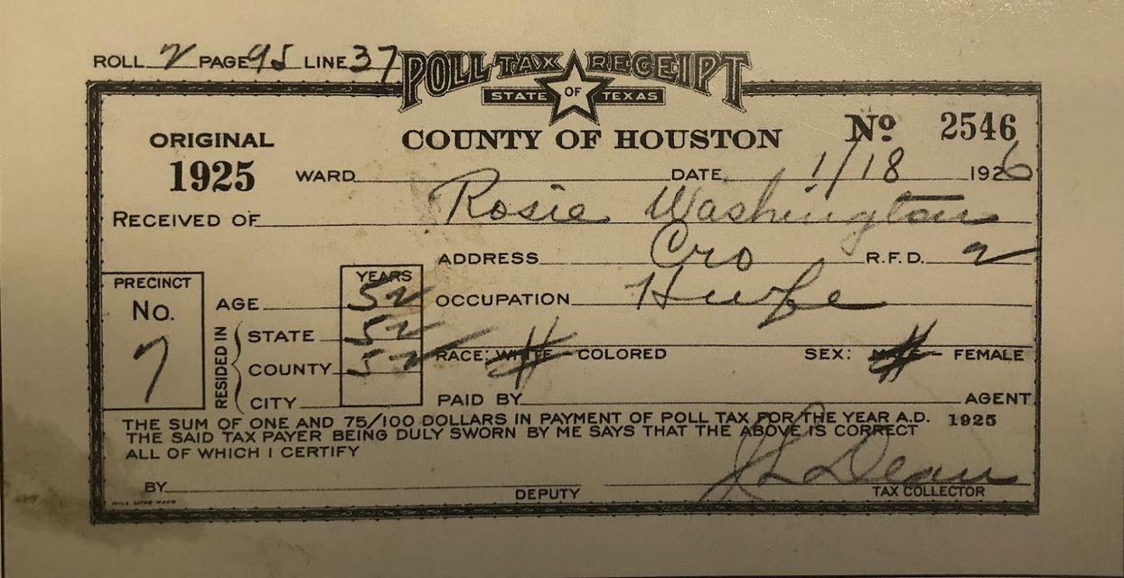 Source: Mrs. Rosie Washington’s voting receipt (1926) with permission granted by the Hazel Ruth McGrew Estate.