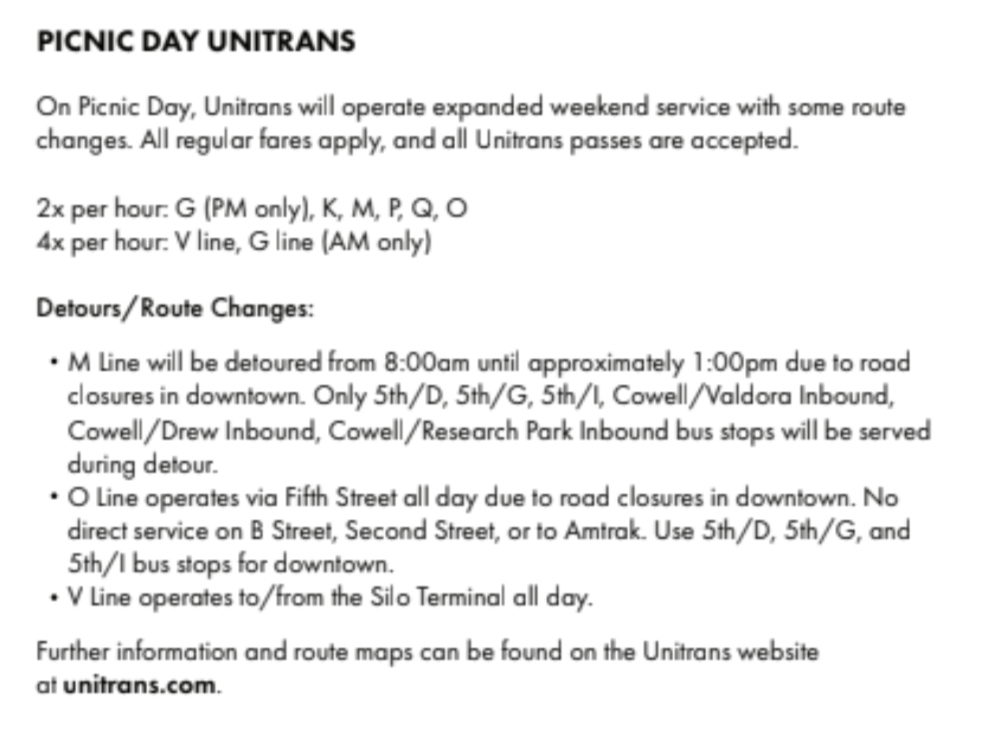 image of unitrans information for picnic day 2022