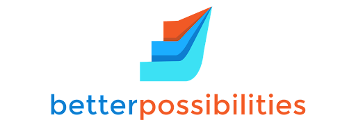 Logo for "Better Possibilities" with the text for "better" in blue and the text for "possibilities" in orange.