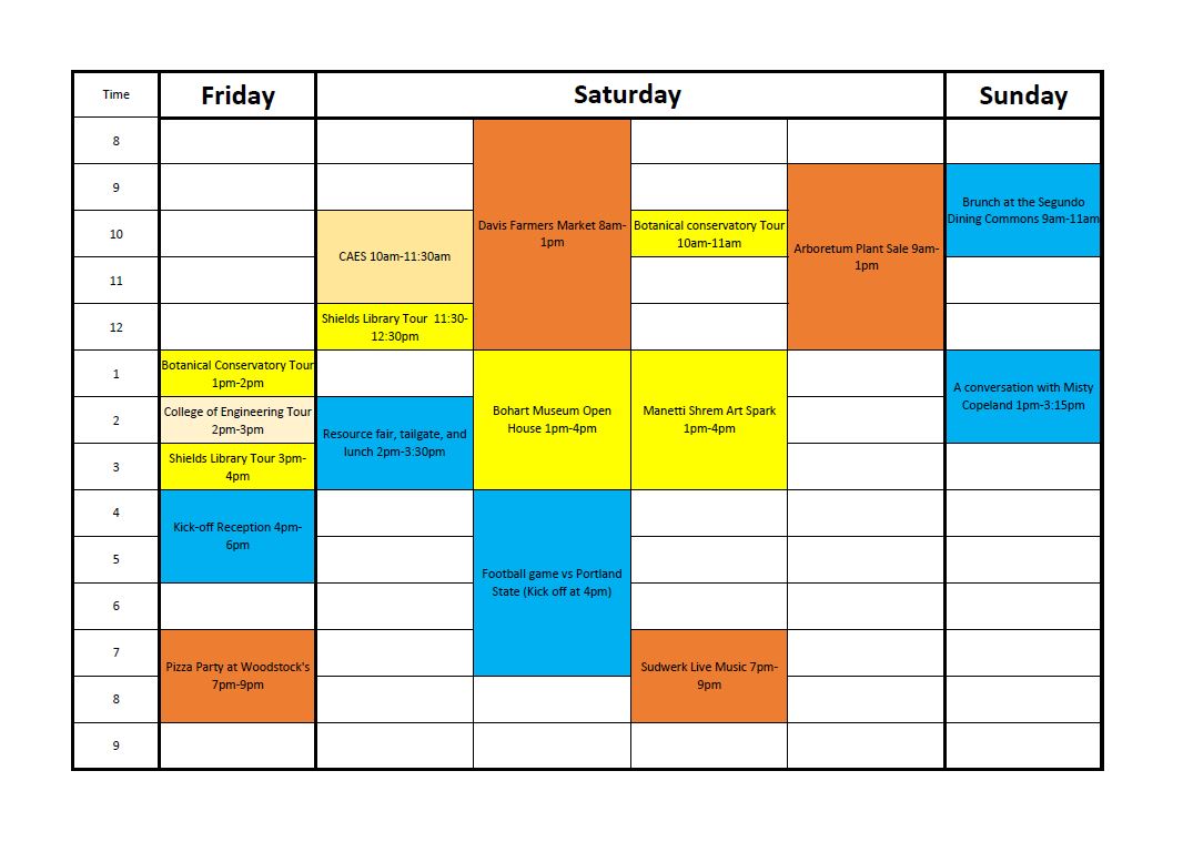 grid schedule of the parent and family weekend events