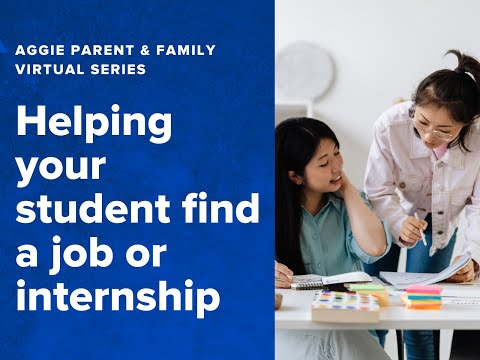 YouTube thumbnail image with text "Helping your student find a job or internship" and a photo of a two people studying with a stack of post-it notes on the table and notebooks.