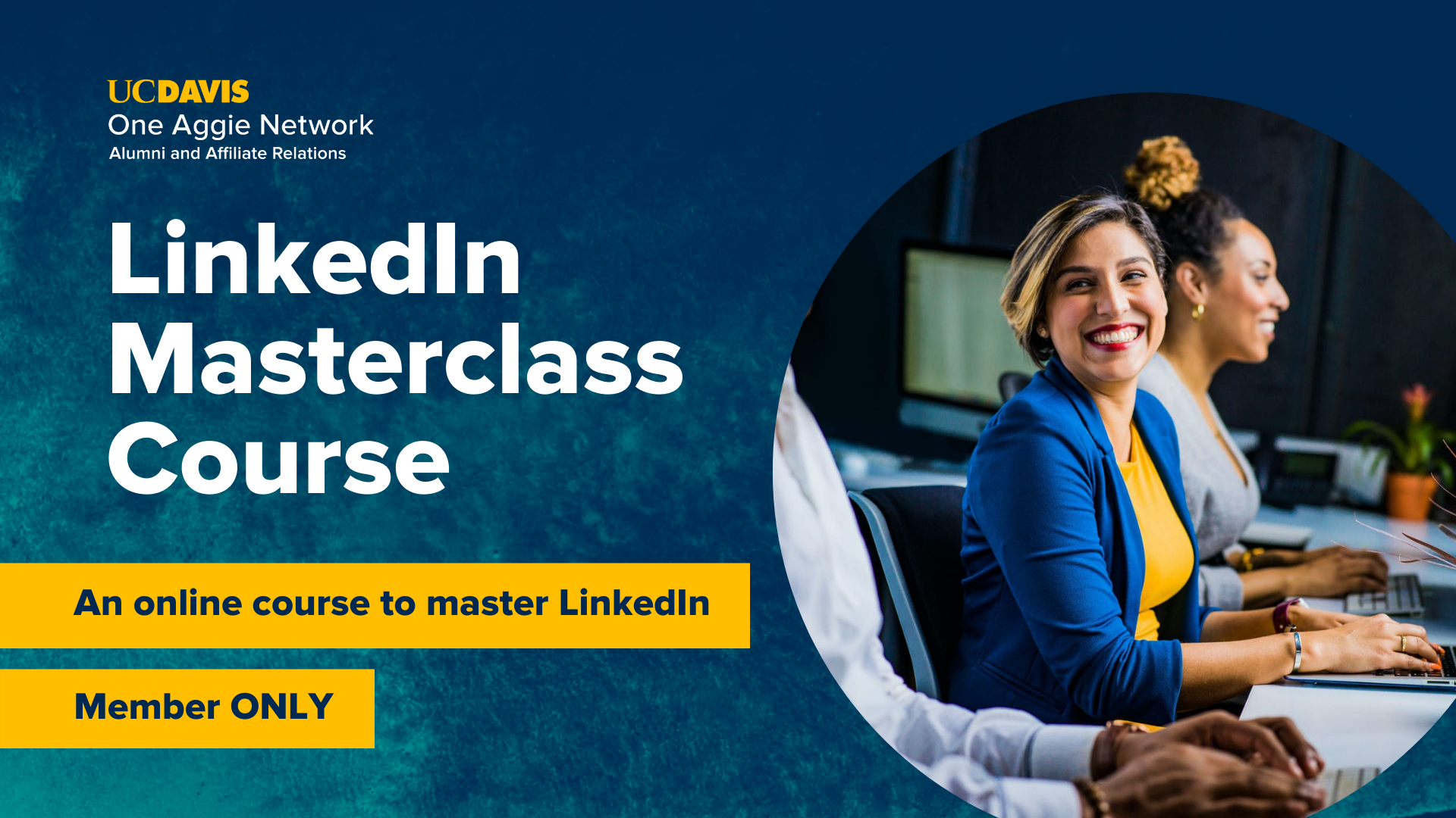 Image of woman smiling with text LinkedIn Masterclass course
