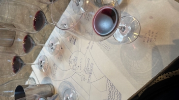 Wine glasses arranged on a table with a wine tasting map in the background.