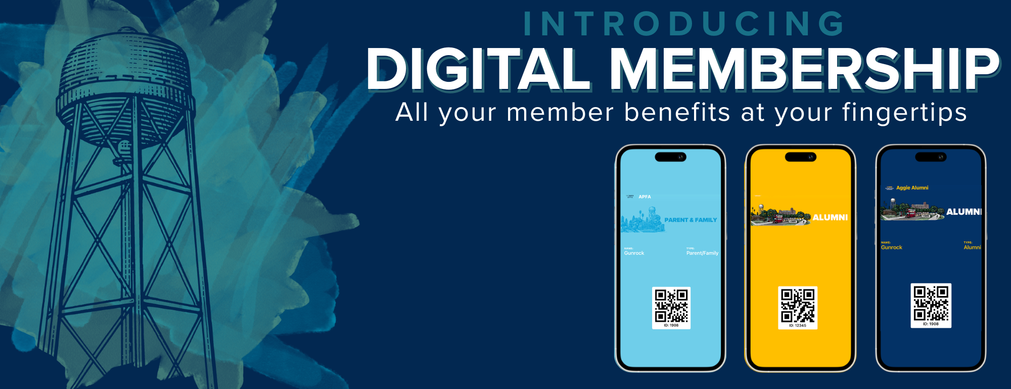 Dark blue background with green and blue watercolor brushstroke overlays and a water tower illustration. The title reads &#34;Introducing digital membership. All your member benefits at your fingertips.&#34;