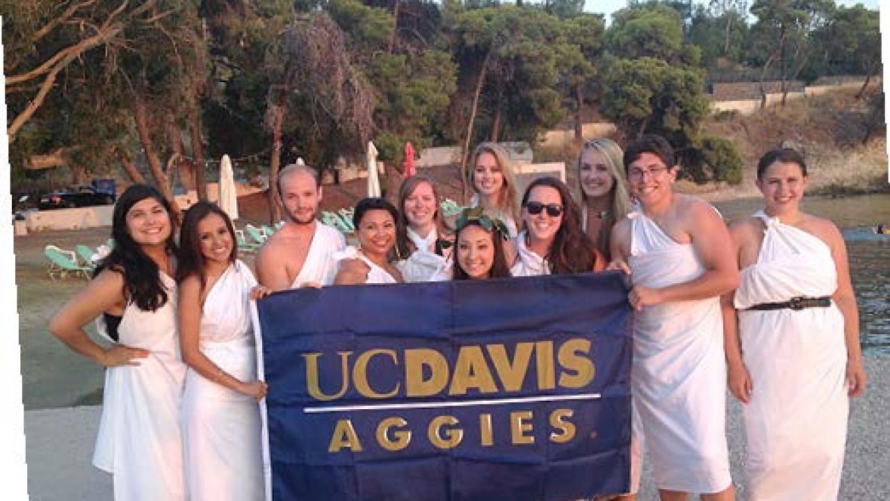 UC Davis students sport their Aggie Pride in togas!