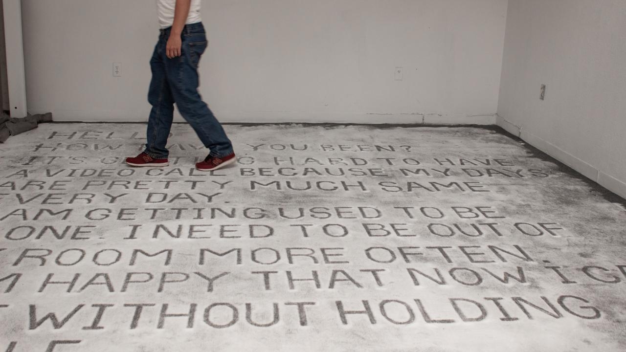 Work by Dongwan Hong, an art M.F.A. candidate, is part of the Arts & Humanities 2020 Graduate Exhibition. Text etched into concrete