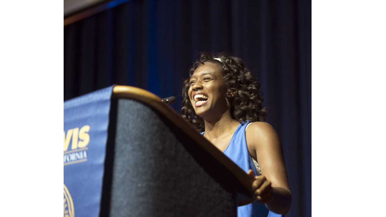 ASUCD president Mariah Watson speaks during the New Student Celebration in the Pavilion on Monday, September 21, 2015. ASUCD president Mariah Watson speaks during the New Student Celebration in the Pavilion on Monday, September 21, 2015.