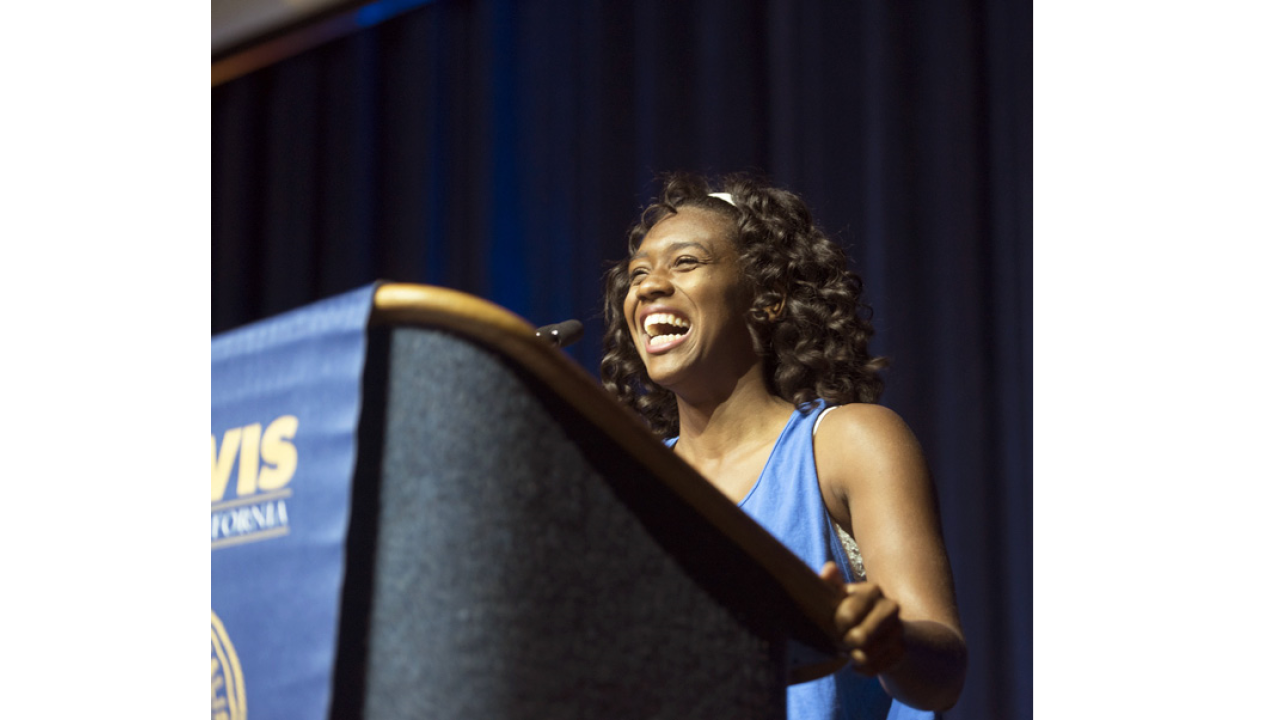 ASUCD president Mariah Watson speaks during the New Student Celebration in the Pavilion on Monday, September 21, 2015.