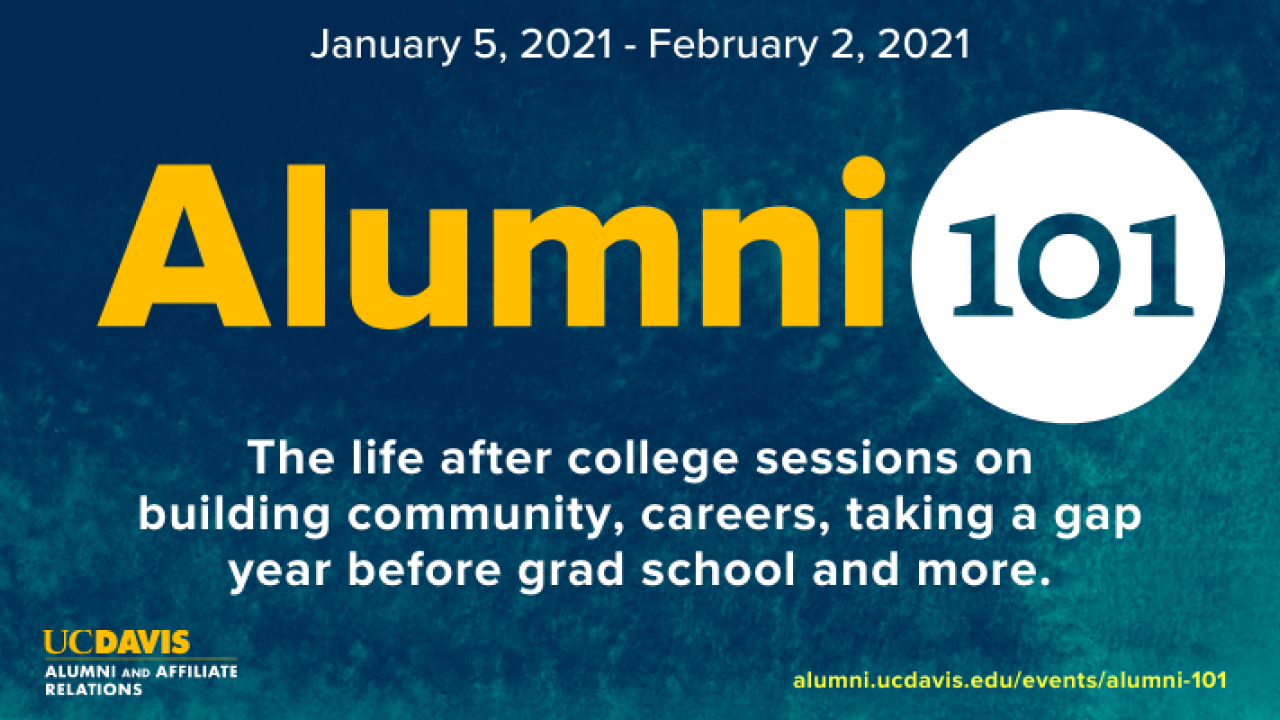 Alumni 101 logo with the tagline "The life after college sessions on building community, careers, taking a gap year before grad school and more." The website for registration is on the bottom left. The pic is a deep blue with yellow.