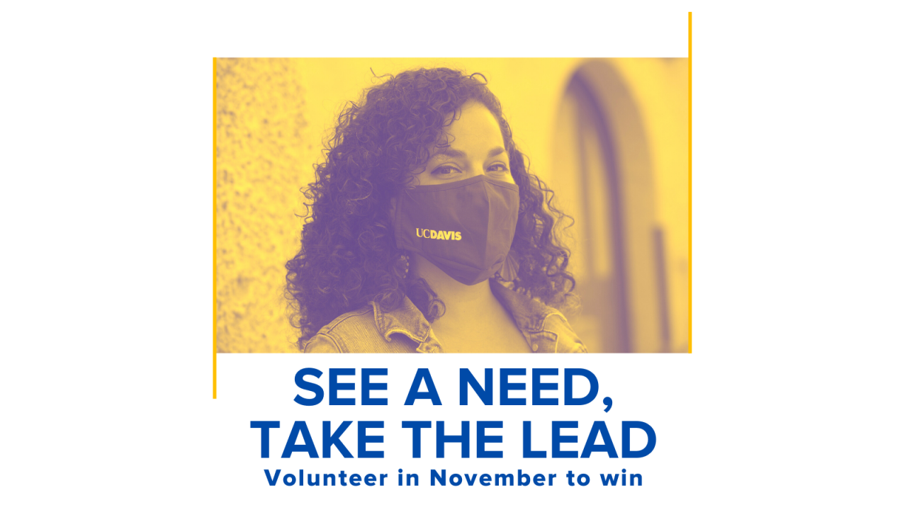 Picture of woman in UC Davis Facemask; Text that says "See a need, take the lead. Volunteer in November to win"