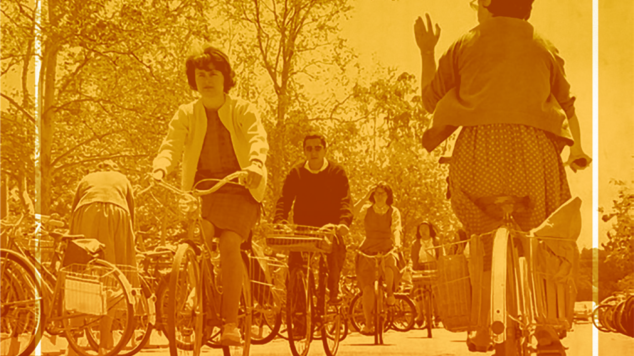 Students biking across campus.