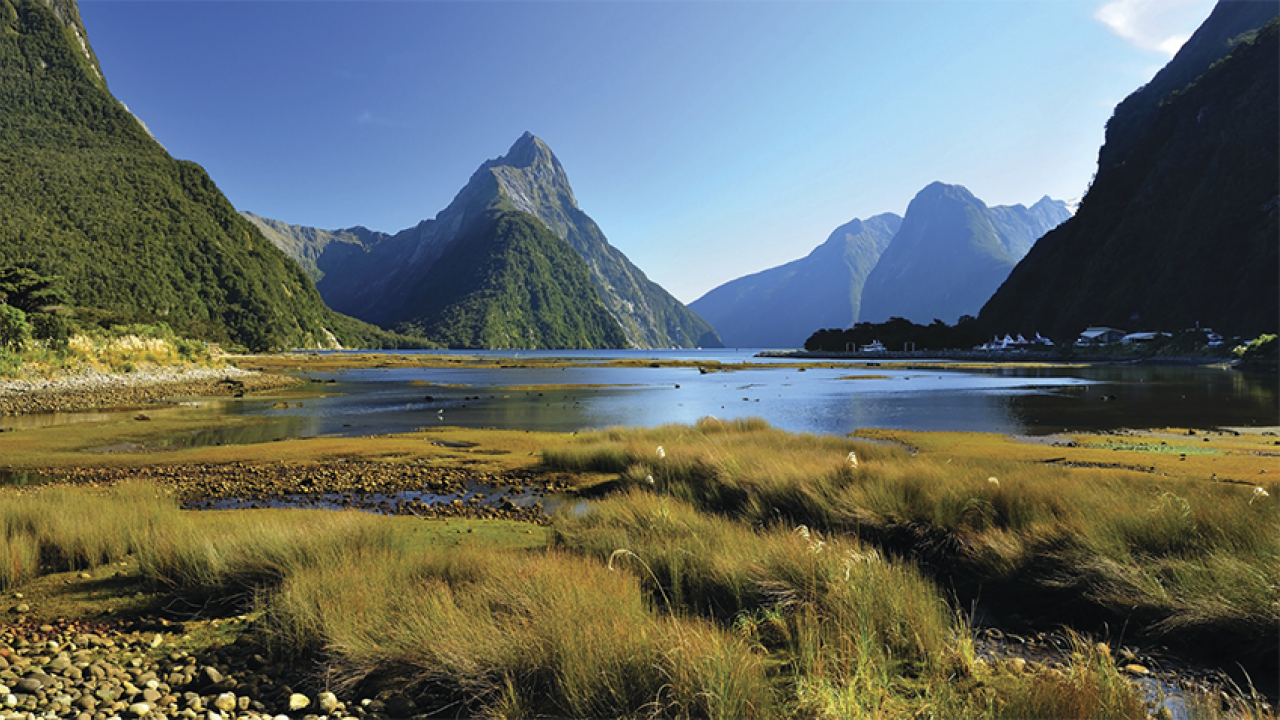 image of water and mountains in Milford Sound, New Zealand.