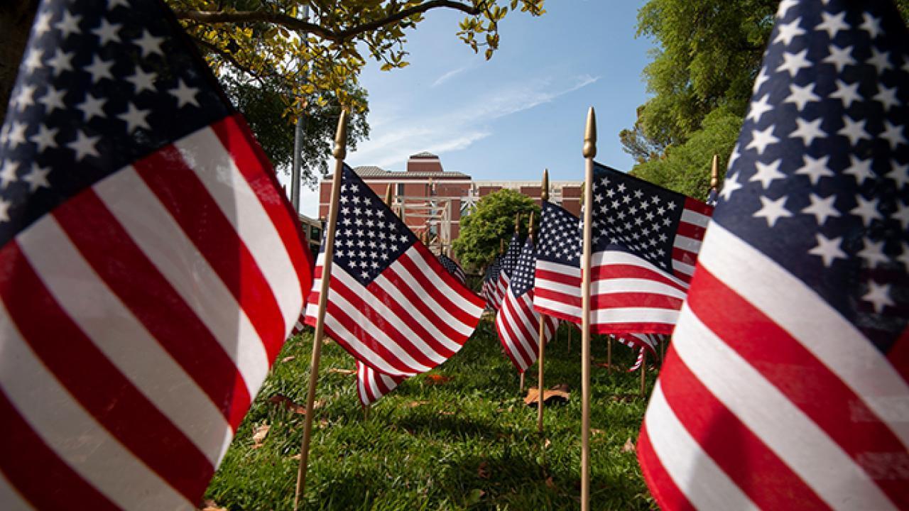 Picture of flags lined up in front of the memorial union 
