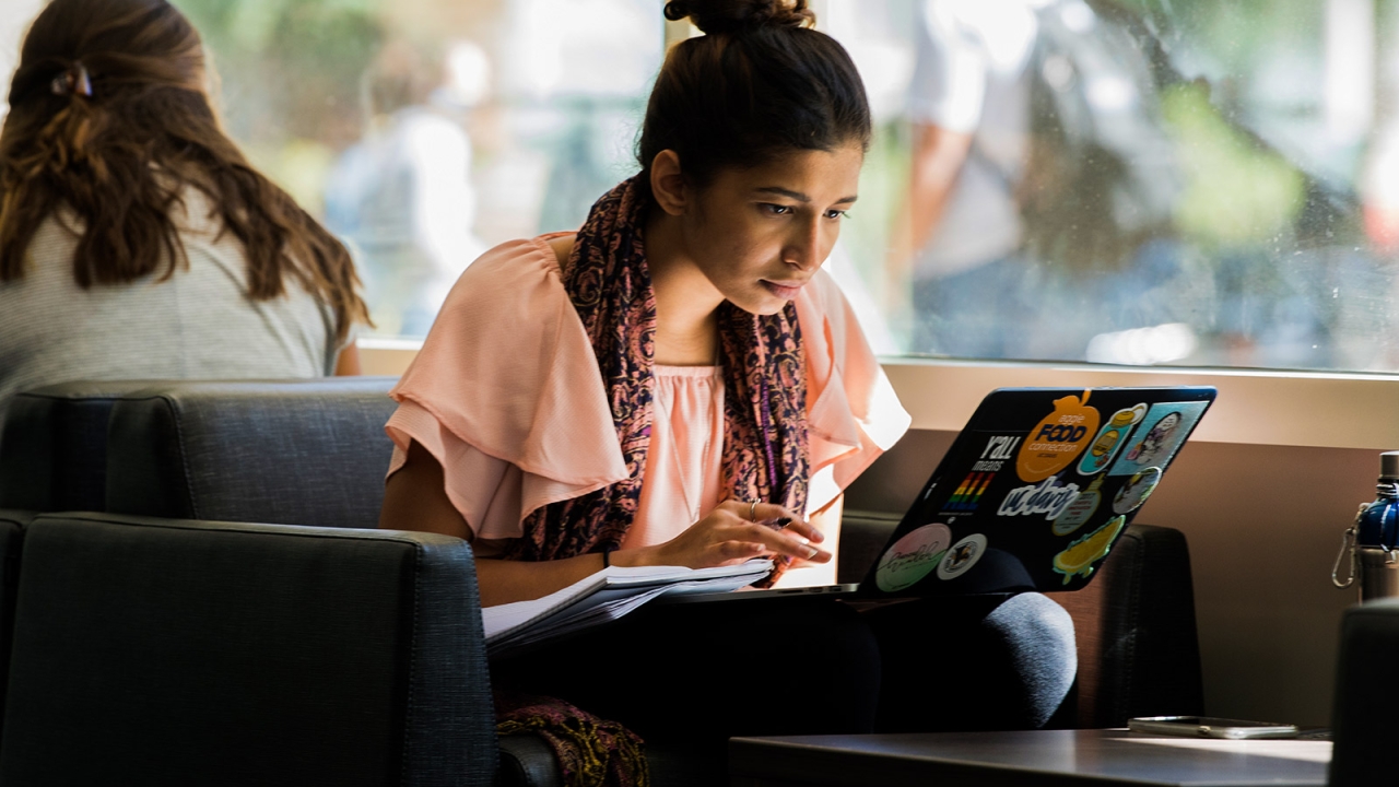 Person sitting down looking at their laptop.