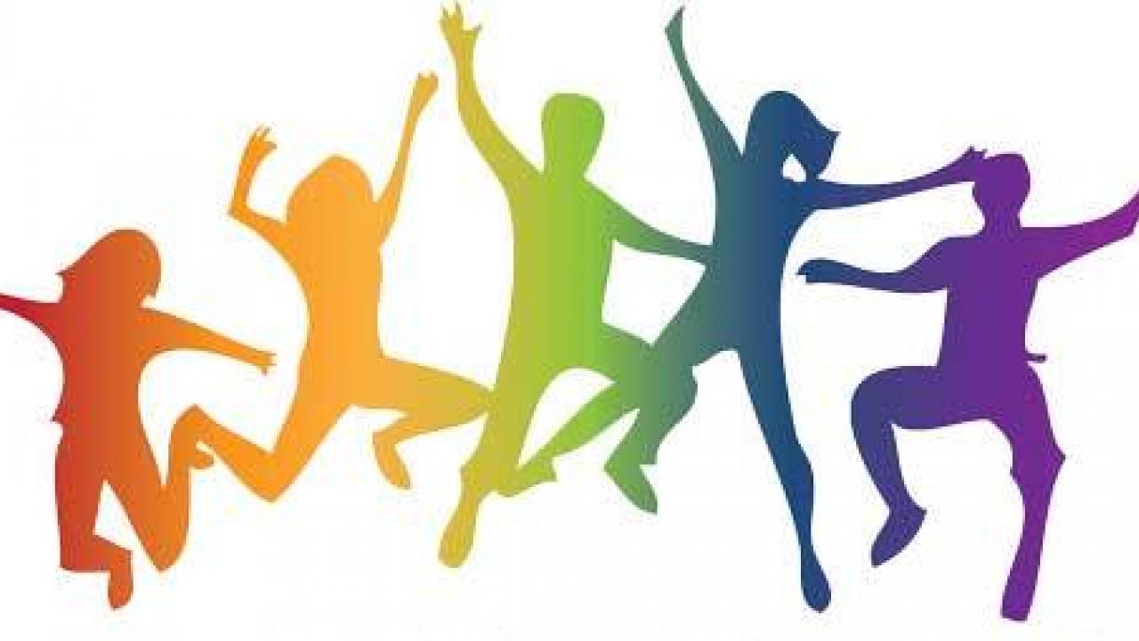 Silhouettes of five people jumping in the air. Each person is a different color of the rainbow.