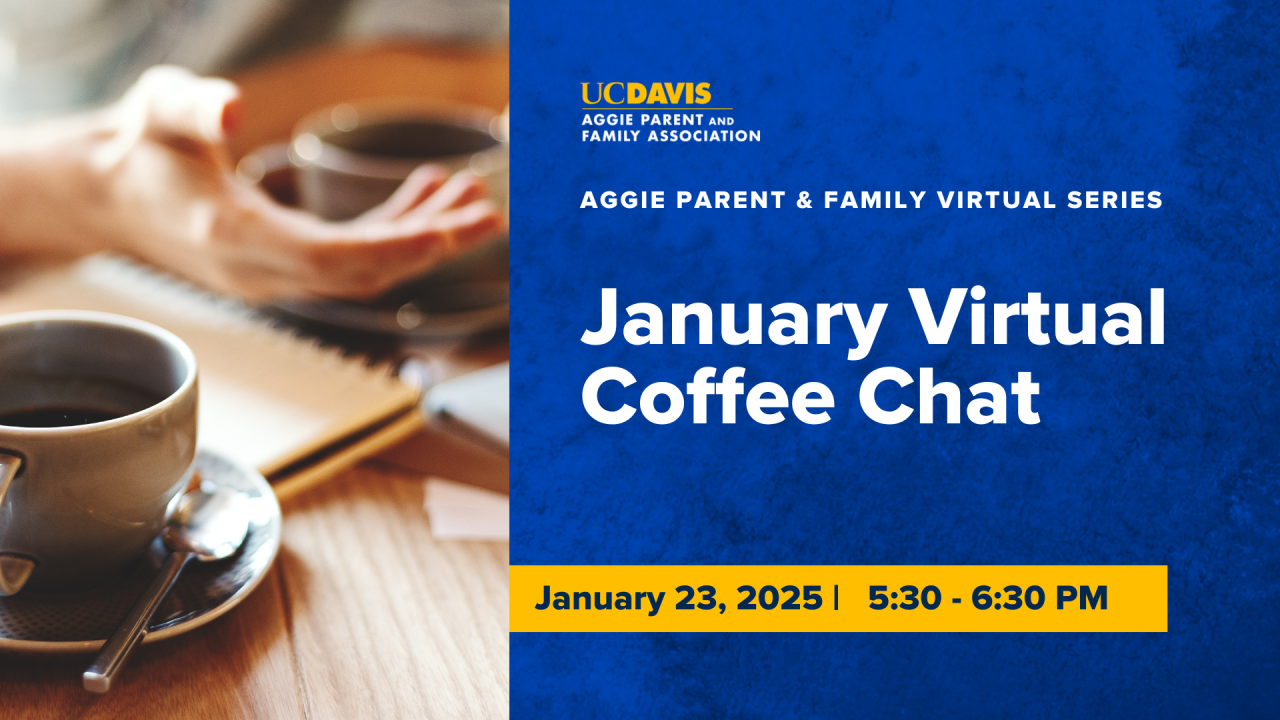 January Virtual coffee chat text next to cup of coffee