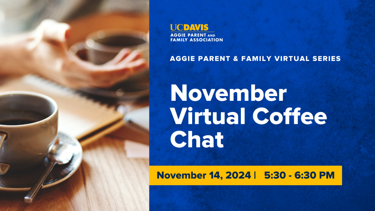 November Virtual Coffee Chat Text next to up of coffee