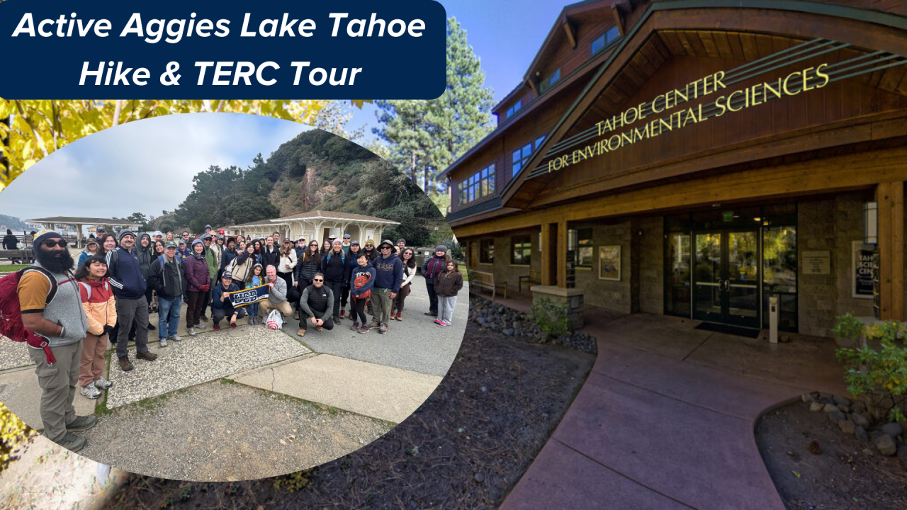 Photo of the UC Davis Active Aggies Hiking Group over a phot of the UC Davis Tahoe Environmental Research Center
