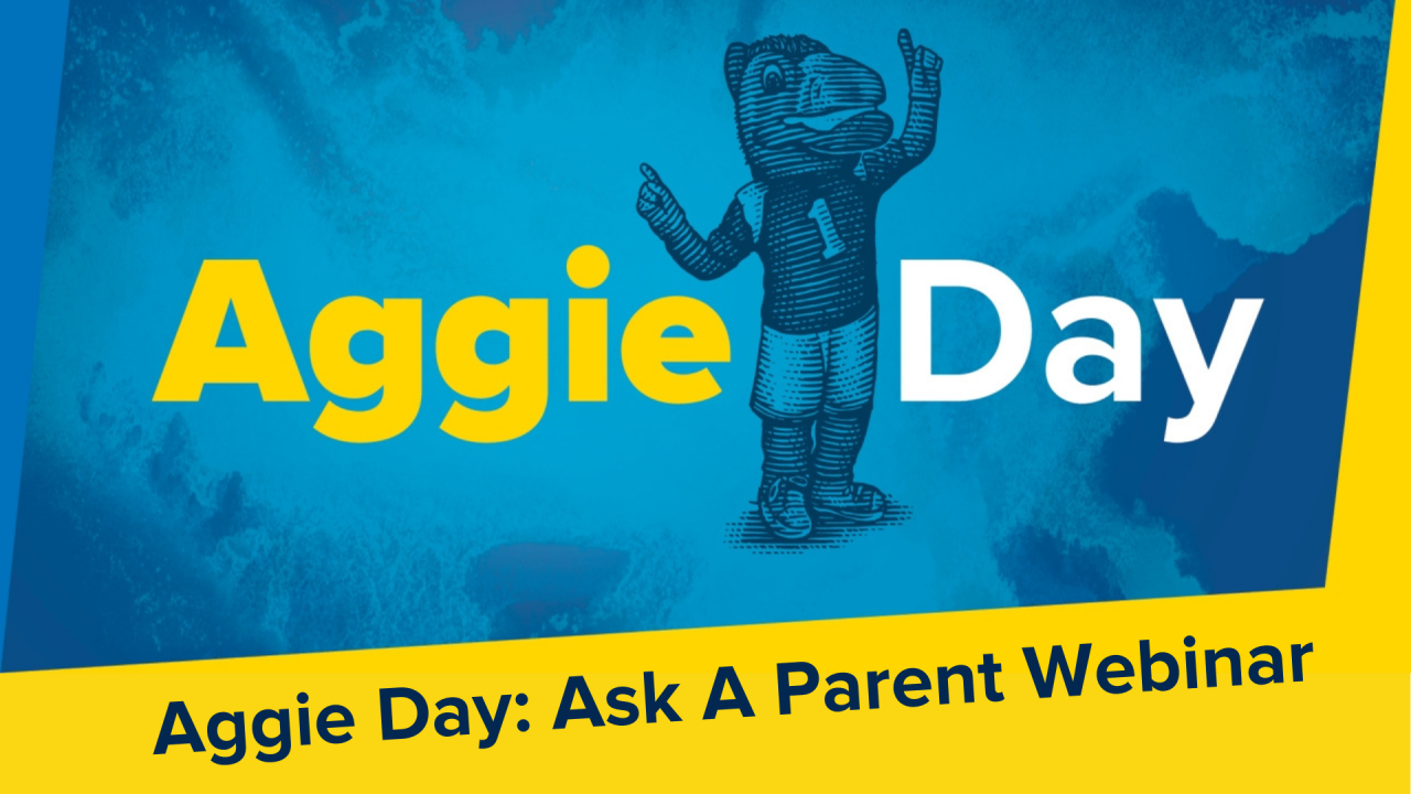 Blue gunrock drawing between Aggie day text