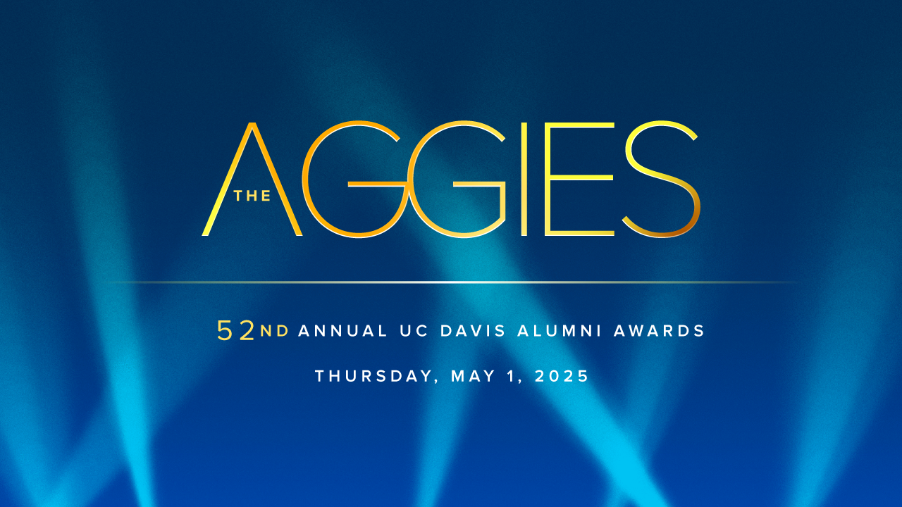 Blue background with spotlights. Gold text reads "The Aggies" and a gold separator appears under the logo with "52nd annual UC Davis Alumni Awards on Thursday, May 1, 2025" appears underneath.
