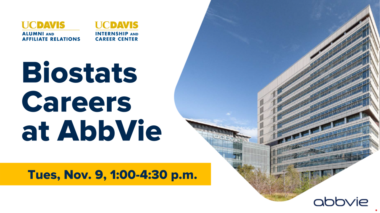 Image of AbbVie facility; Text reads: UC Davis Alumni and Affiliate Relations, UC Davis Internship and Career Center, Biostats Careers at AbbVie, Tues, Nov. 9, 1:00-4:30 p.m., AbbVie