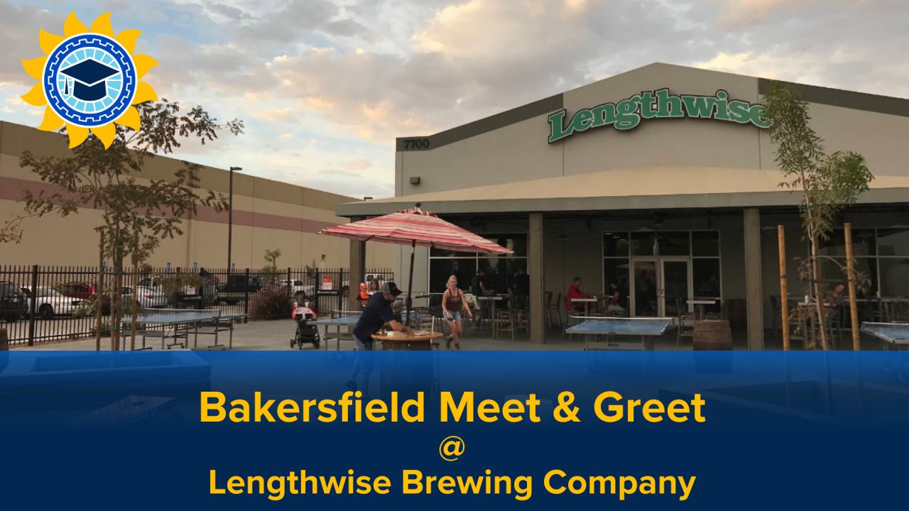 CLAA logo superimposed over an exterior shot of Lengthwise Brewery's building with text that reads: "Bakersfield Alumni Meet & Greet @ Lengthwise Brewing Company"