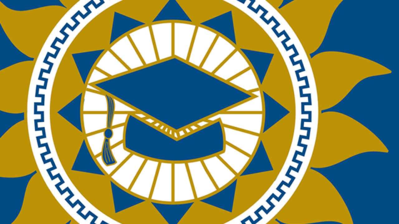 CLAA's logo of a graduation cap inside a sun and star patterns with gold, blue and white layered through the logo.