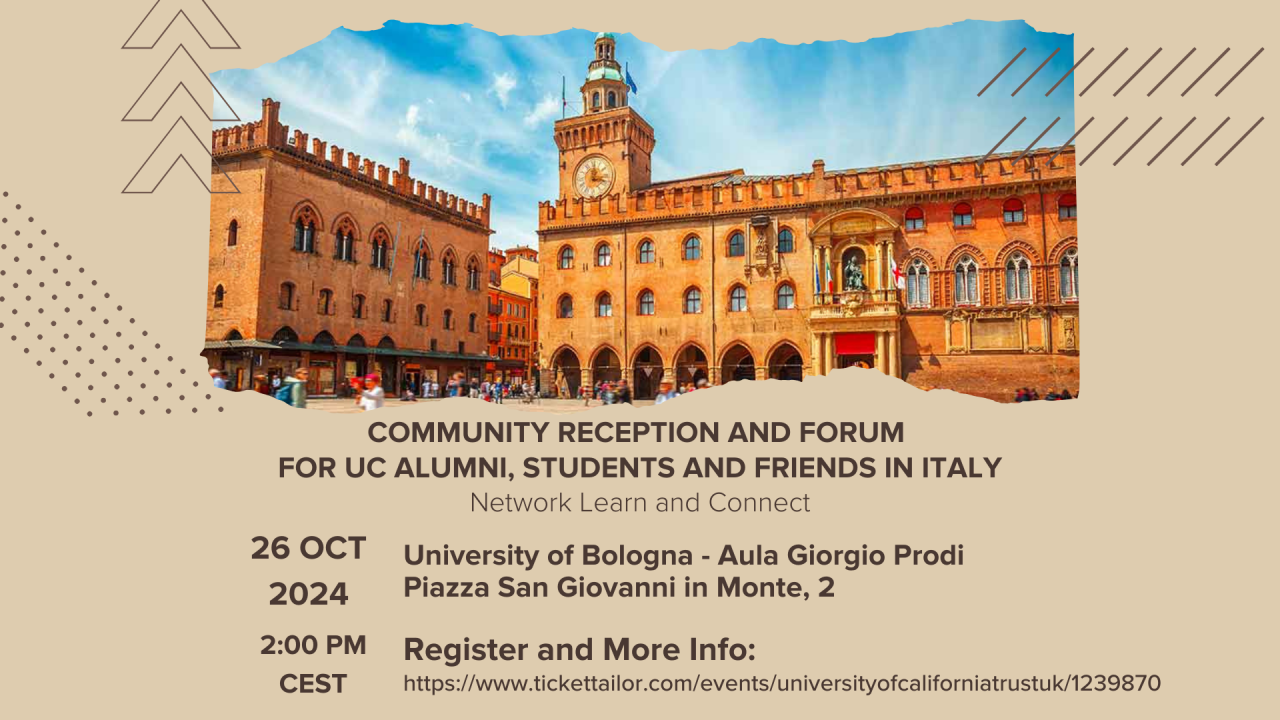 Photo of a square in bologna with event details below