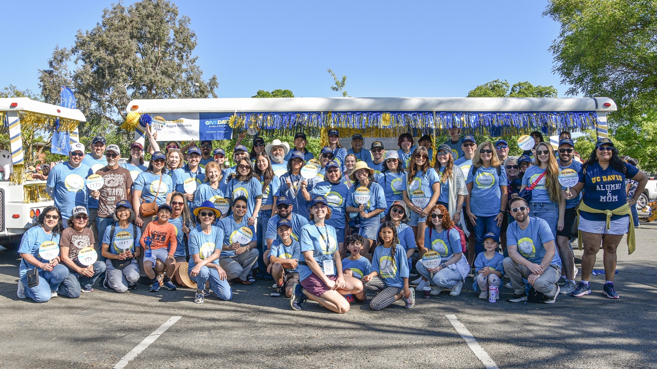 Picnic Day Parade participants in front of their decorated tram