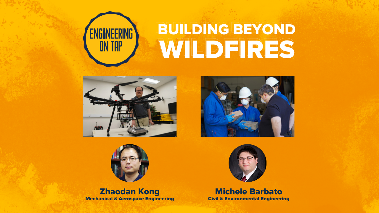 Pictures of the speakers with a picture of a drone and scientists working