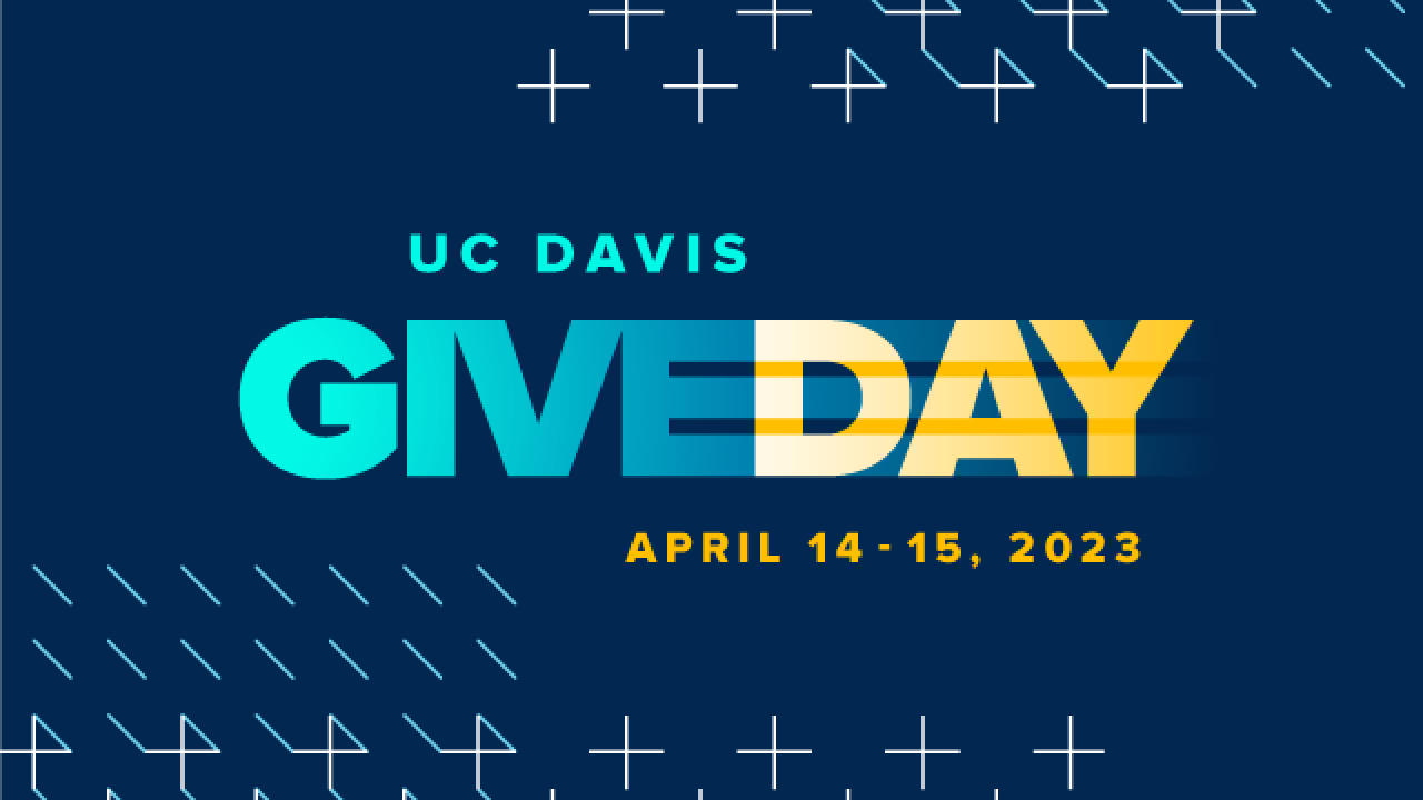 UC Davis Give Day logo on a blue background with micropatterns.