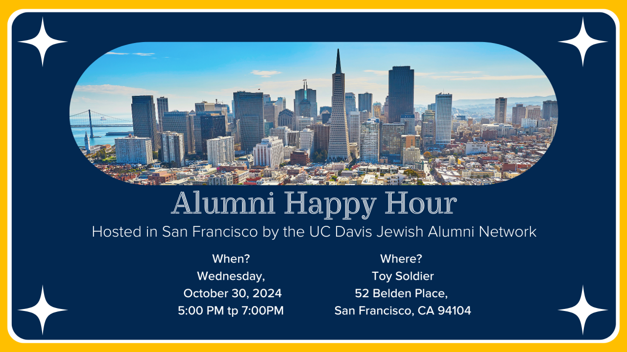 Jewish Alumni Network Happy Hour Social Invite with a picture of San Francisco and the date and location of the social