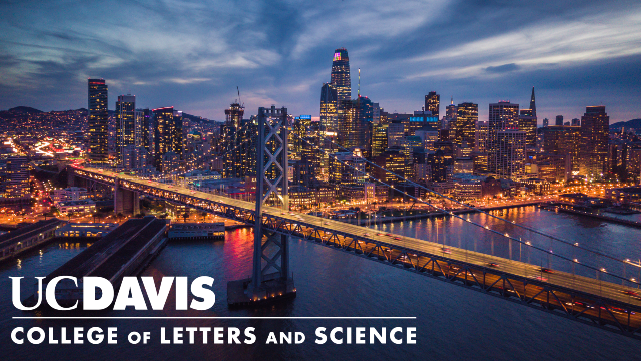 SF SKyline at night with the UC Davis Letters and Science Logo