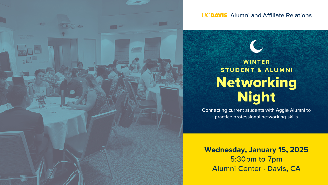 People talking at tables, event text reading 'Winter student & alumni networking night"
