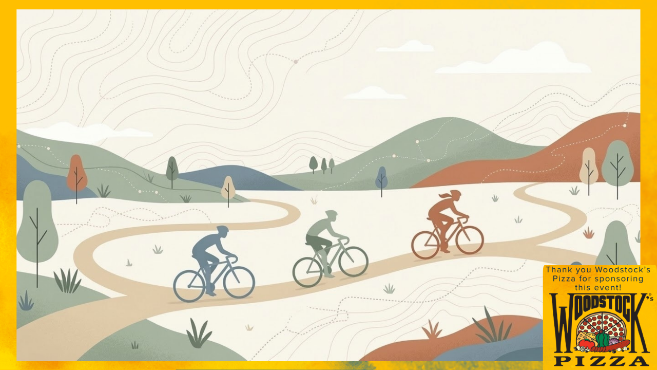 Three cyclists ride along a winding trail through a hilly landscape in soft colors.