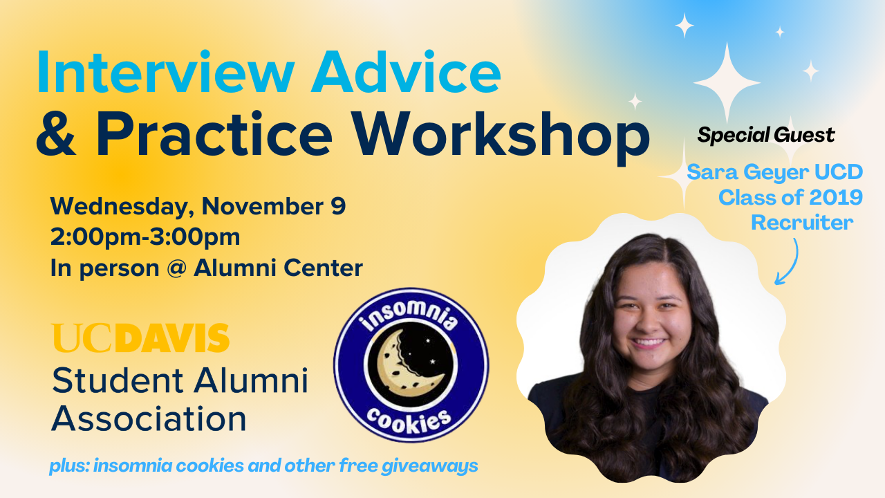 Text that says "Interview Advice and Practice Workshop, Wednesday November 9 2pm-3pm in person @ Alumni Center"