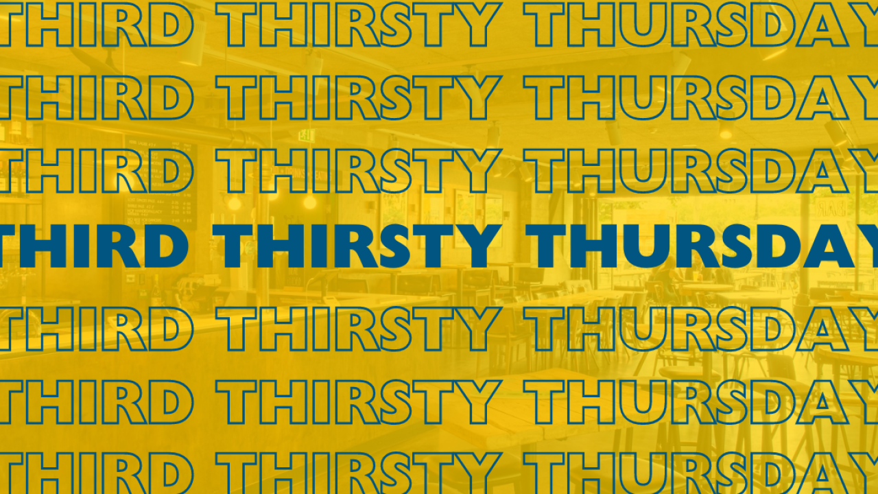 Blue Text on Yellow Background reading Thirsty Thursday