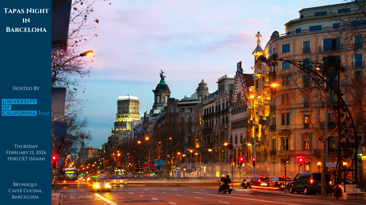 Photo of Barcelona street at dusk with the sun setting and cars driving by. A blue banner on the left reads "Tapas Night in Barcelona, Hosted by the UC Trust, Thursday, February 12th, 19:00 (Spain), Brunaqui Caffee Cucina, Barcelona"