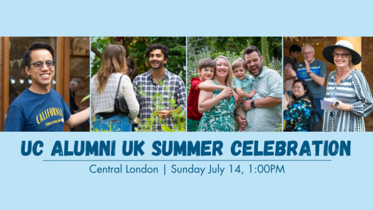 Picture of people celebrating above text reading "UC ALUMNI UK SUMMER CELEBRATION Central London | Sunday July 14, 1:00PM"
