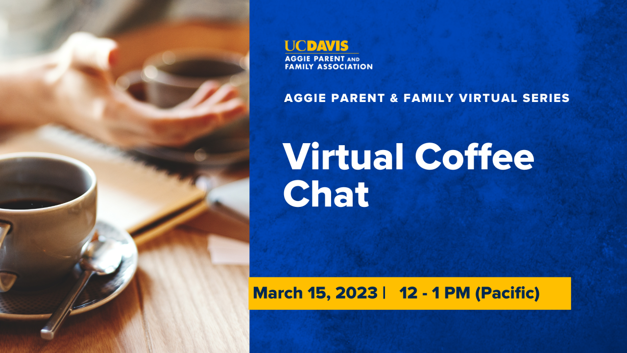 text that says " virtual coffee chat" March 15, 2023 5pm-6pm (pacific) next to an image of two coffee cups