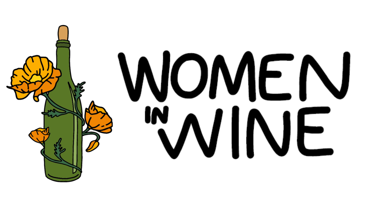 A wine bottle with flowers wrapping around it next to the text "Women in Wine"