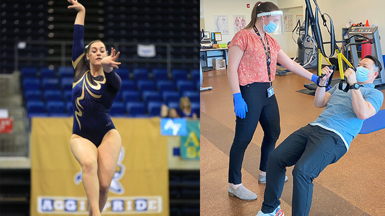 Person performing on balance beam in blue and yellow leotard, next to a photo of the same person acting as a physical therapist and assisting a patient with arm strength exercises.