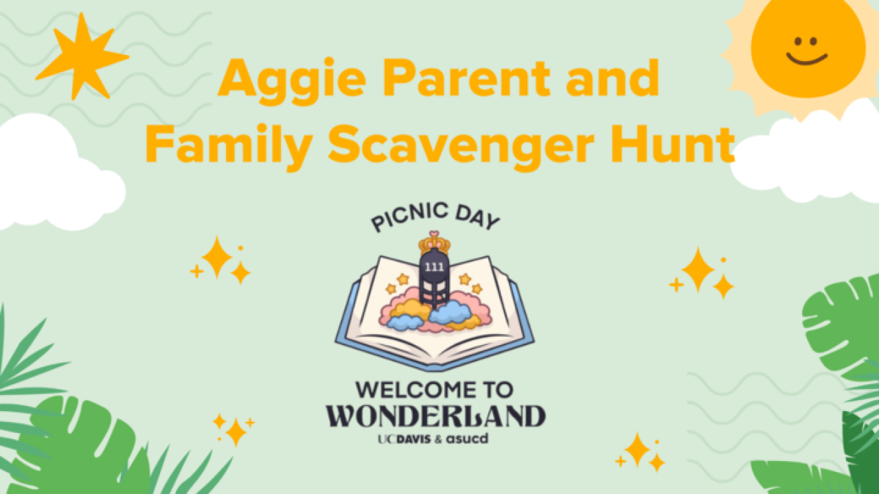 Aggie parent and family scavenger hunt text with sun and leaves border